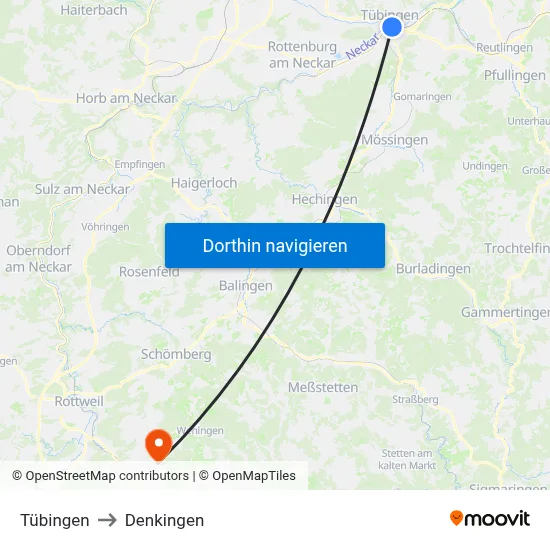 Tübingen to Denkingen map