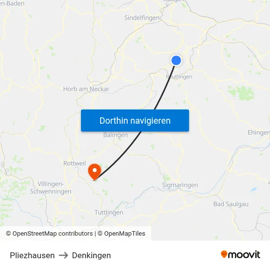 Pliezhausen to Denkingen map