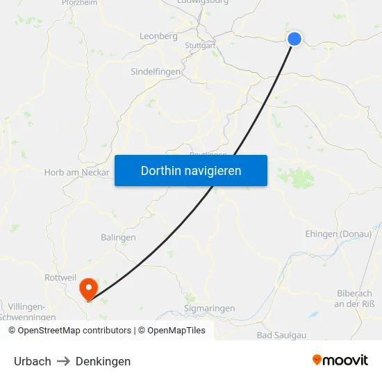 Urbach to Denkingen map