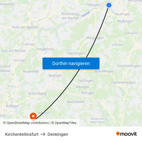 Kirchentellinsfurt to Denkingen map