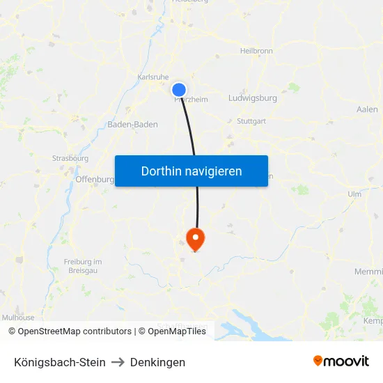Königsbach-Stein to Denkingen map
