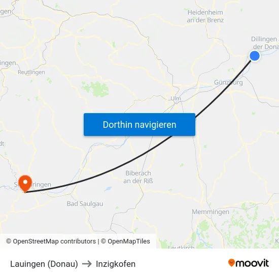 Lauingen (Donau) to Inzigkofen map
