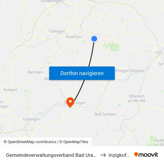 Gemeindeverwaltungsverband Bad Urach to Inzigkofen map