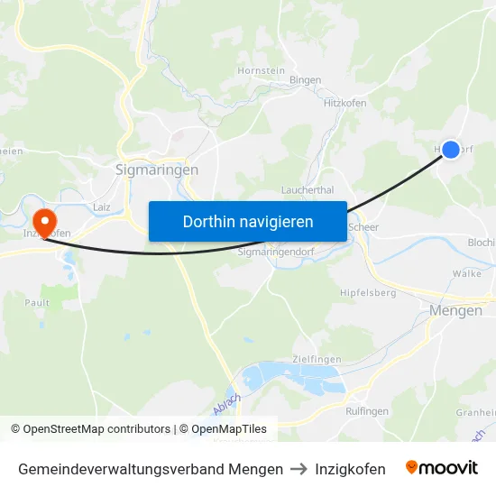 Gemeindeverwaltungsverband Mengen to Inzigkofen map