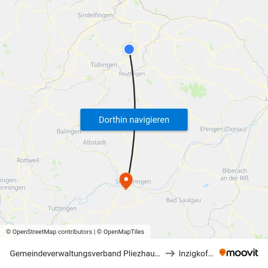 Gemeindeverwaltungsverband Pliezhausen to Inzigkofen map