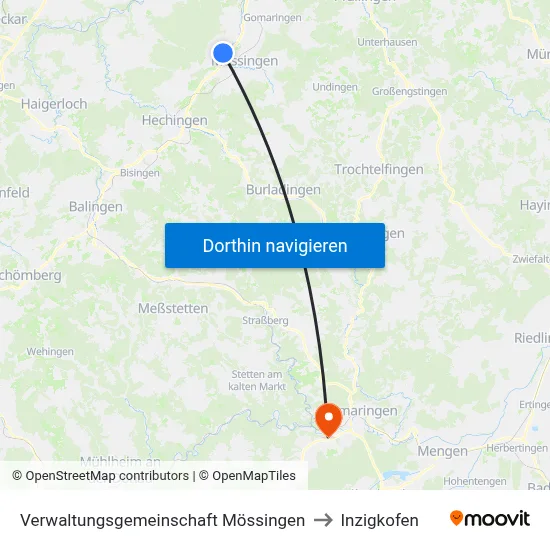 Verwaltungsgemeinschaft Mössingen to Inzigkofen map