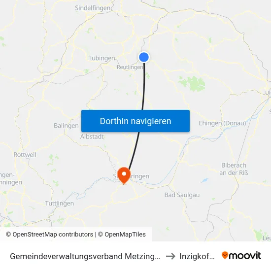 Gemeindeverwaltungsverband Metzingen to Inzigkofen map
