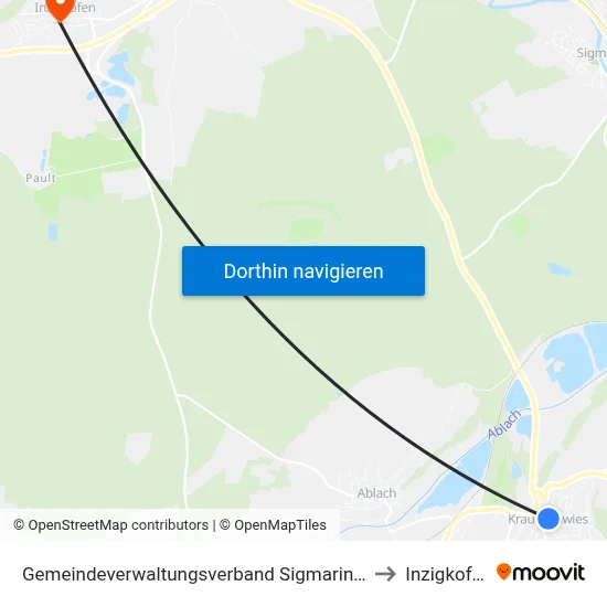 Gemeindeverwaltungsverband Sigmaringen to Inzigkofen map