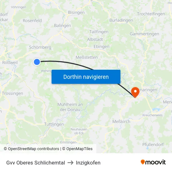 Gvv Oberes Schlichemtal to Inzigkofen map