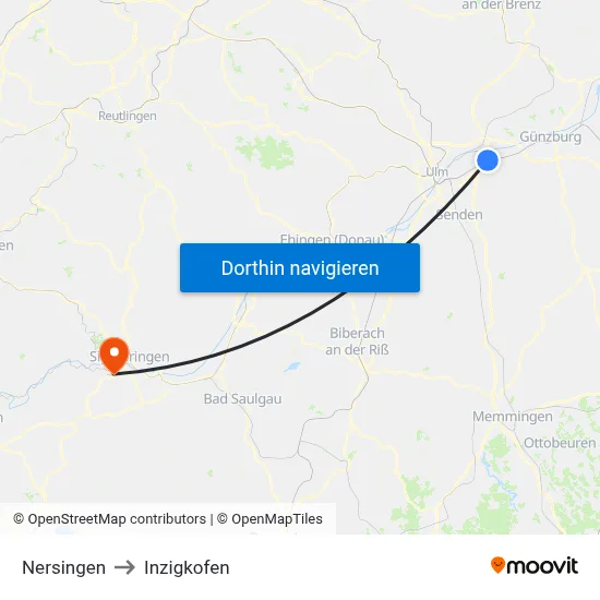 Nersingen to Inzigkofen map