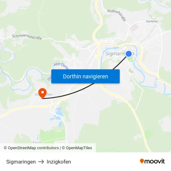 Sigmaringen to Inzigkofen map