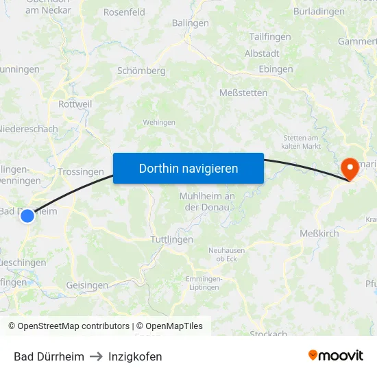 Bad Dürrheim to Inzigkofen map