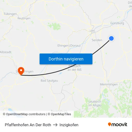 Pfaffenhofen An Der Roth to Inzigkofen map