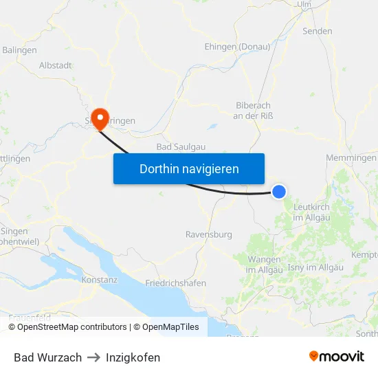 Bad Wurzach to Inzigkofen map