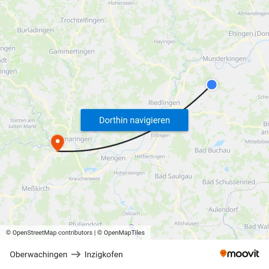 Oberwachingen to Inzigkofen map
