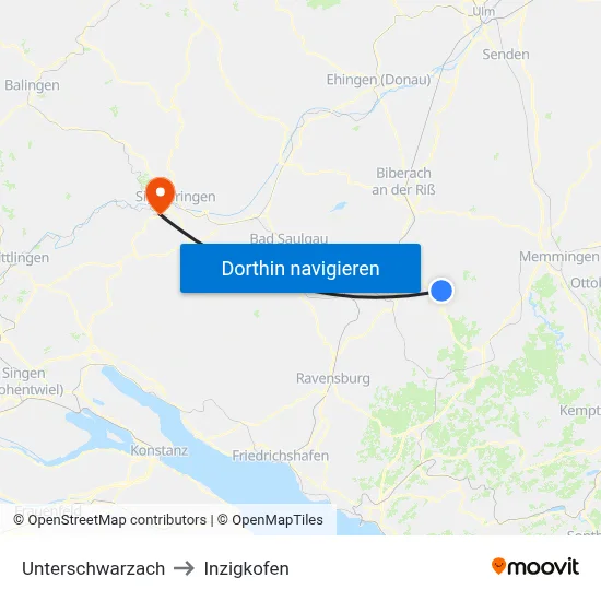 Unterschwarzach to Inzigkofen map