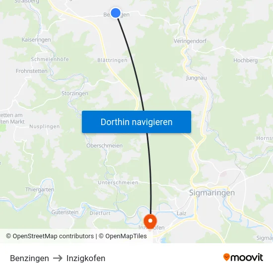Benzingen to Inzigkofen map