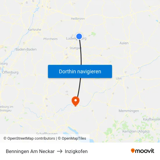 Benningen Am Neckar to Inzigkofen map