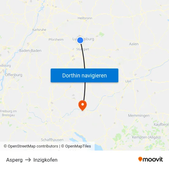 Asperg to Inzigkofen map
