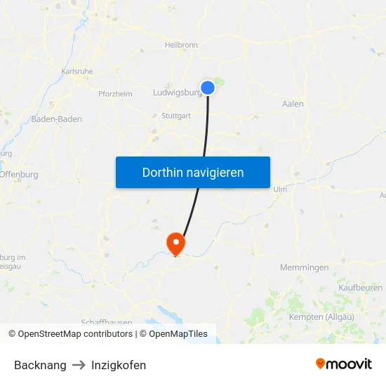 Backnang to Inzigkofen map
