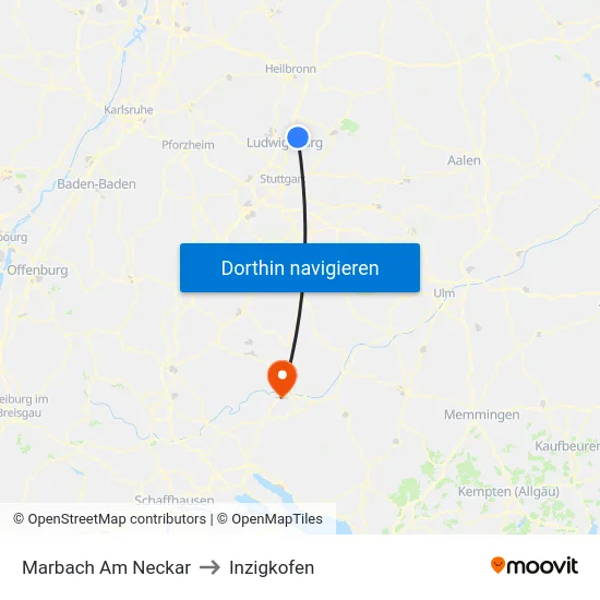 Marbach Am Neckar to Inzigkofen map