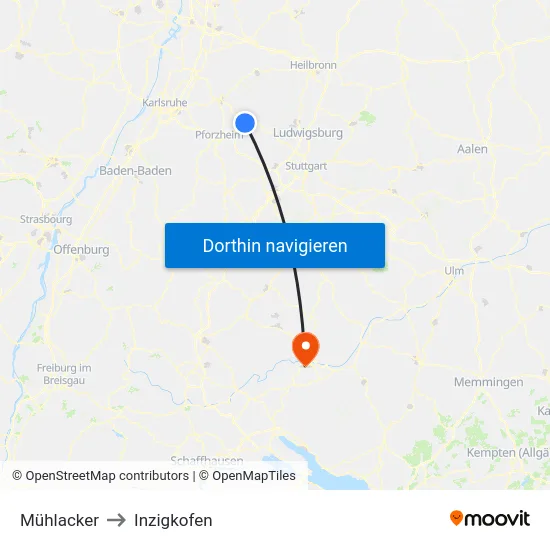 Mühlacker to Inzigkofen map