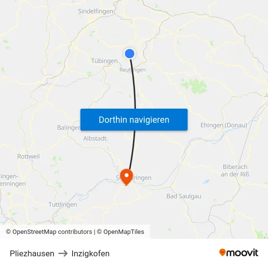 Pliezhausen to Inzigkofen map