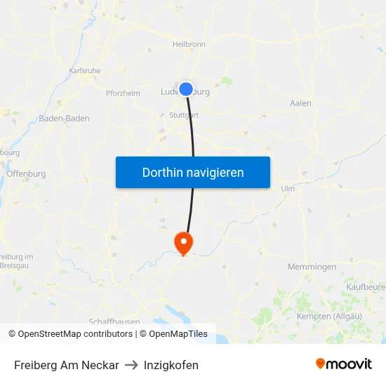Freiberg Am Neckar to Inzigkofen map