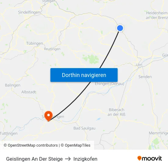 Geislingen An Der Steige to Inzigkofen map