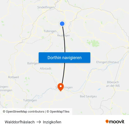 Walddorfhäslach to Inzigkofen map