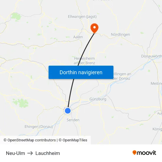 Neu-Ulm to Lauchheim map