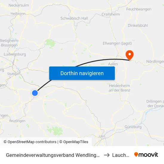 Gemeindeverwaltungsverband Wendlingen am Neckar to Lauchheim map