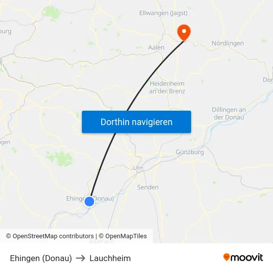 Ehingen (Donau) to Lauchheim map