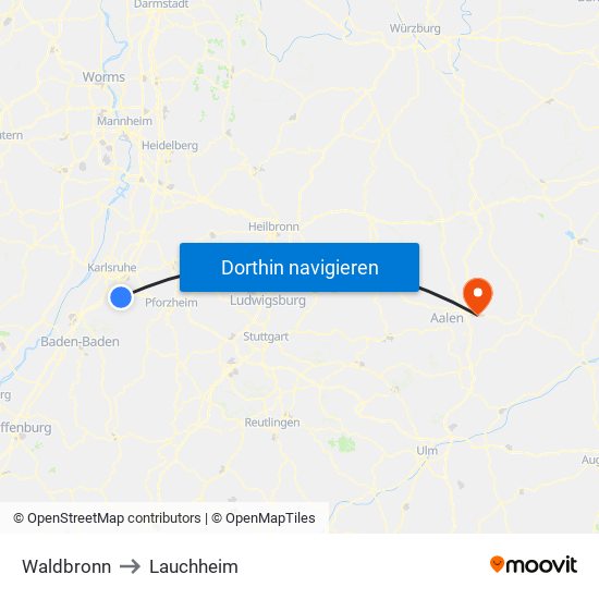 Waldbronn to Lauchheim map