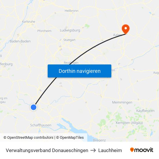 Verwaltungsverband Donaueschingen to Lauchheim map