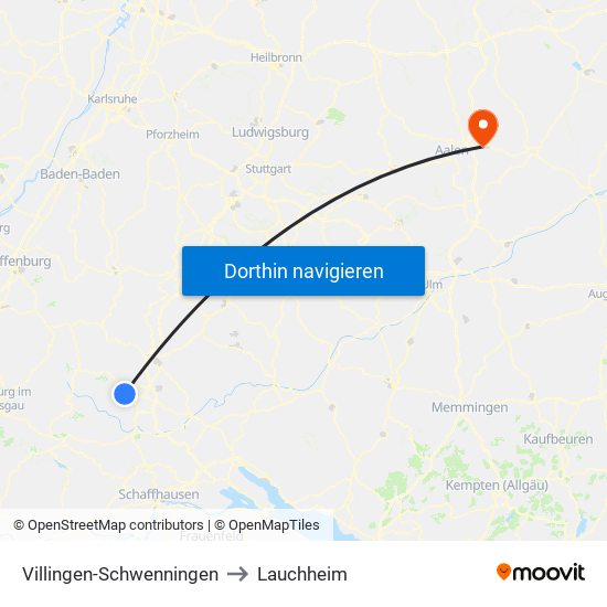Villingen-Schwenningen to Lauchheim map