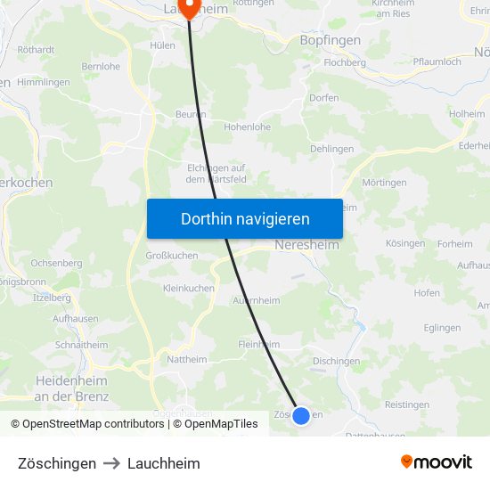 Zöschingen to Lauchheim map