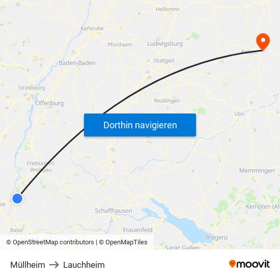 Müllheim to Lauchheim map