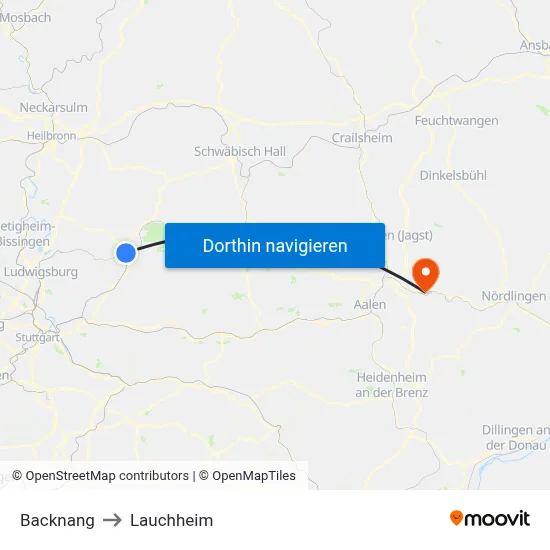 Backnang to Lauchheim map