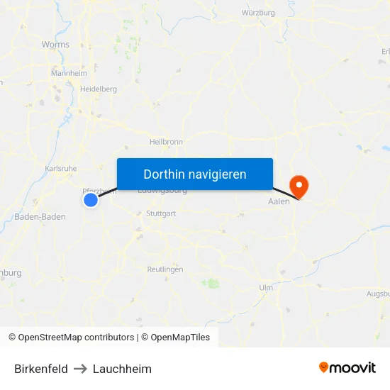 Birkenfeld to Lauchheim map