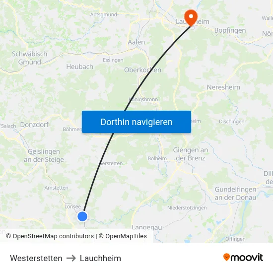 Westerstetten to Lauchheim map