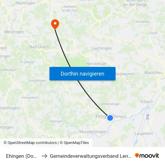 Ehingen (Donau) to Gemeindeverwaltungsverband Lenningen map