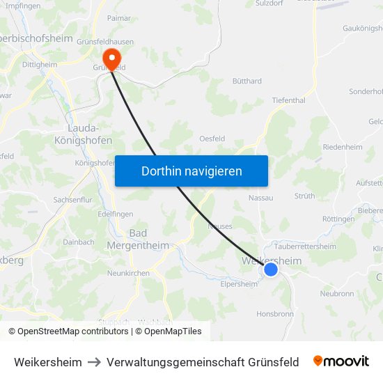 Weikersheim to Verwaltungsgemeinschaft Grünsfeld map