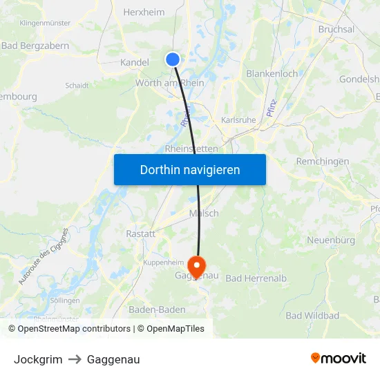 Jockgrim to Gaggenau map