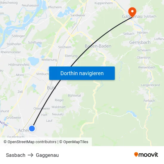 Sasbach to Gaggenau map