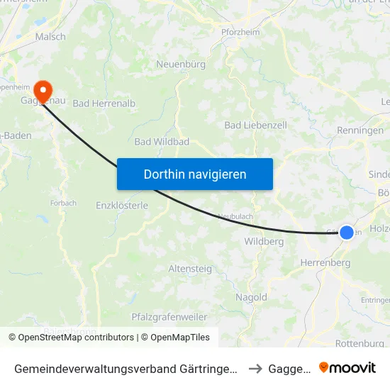 Gemeindeverwaltungsverband Gärtringen/Ehningen to Gaggenau map