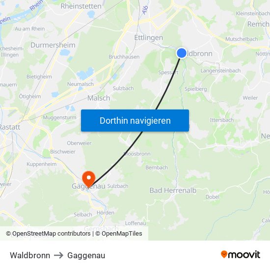 Waldbronn to Gaggenau map