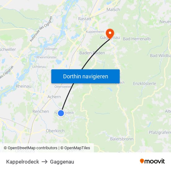 Kappelrodeck to Gaggenau map