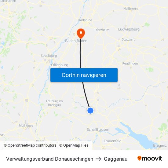 Verwaltungsverband Donaueschingen to Gaggenau map