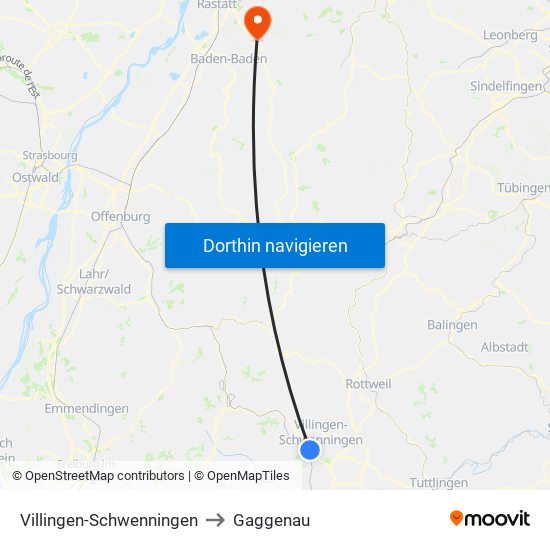 Villingen-Schwenningen to Gaggenau map